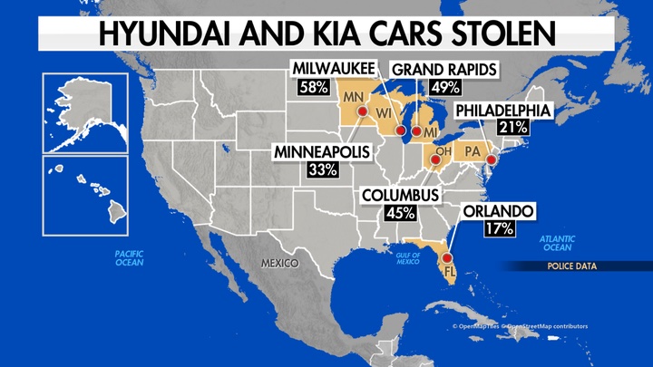 Các thành phố đang xảy ra vấn nạn trộm xe Kia và Hyundai tại Mỹ.