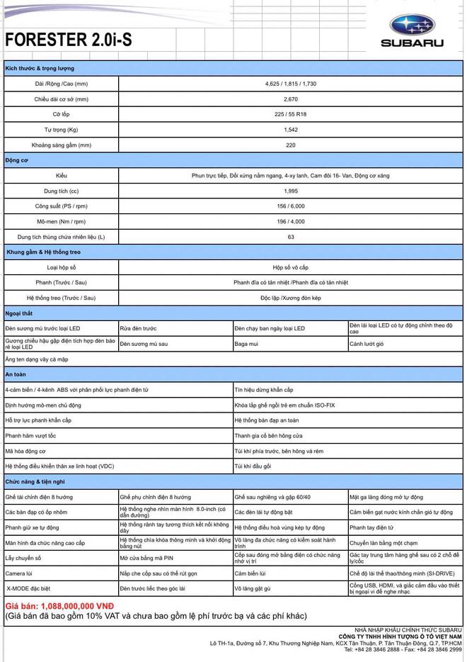 Bảng thông số kỹ thuật và giá bán khuyến mãi Subaru Forester 2019 nhập khẩu Thái Lan.