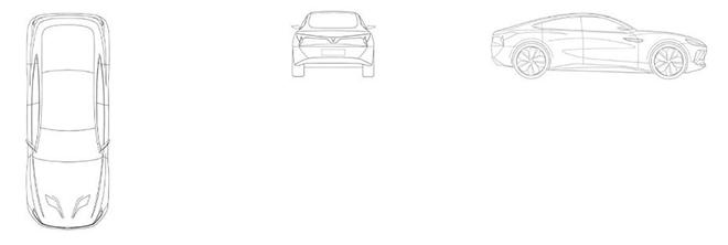 Bản vẽ một mẫu sedan khác của VinFast mang hơi hướng coupe với điểm nhấn là gương chiếu hậu dạng camera hiện đại.
