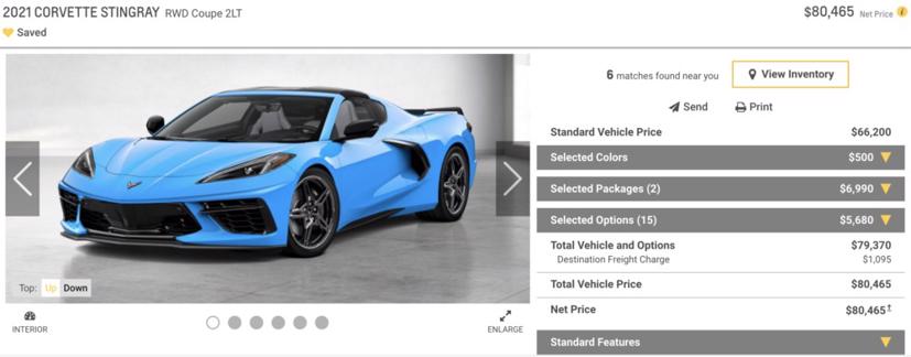 Phiên bản Corvette C8 mà Kahler chọn có giá niêm yết 80.465 USD