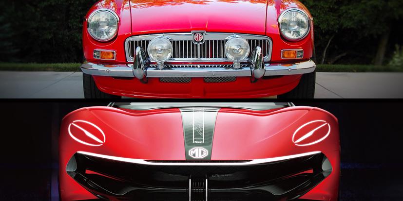 Mặt trước của chiếc MGB Roadster những năm 1960 và mặt trước của concept Cyberster EV