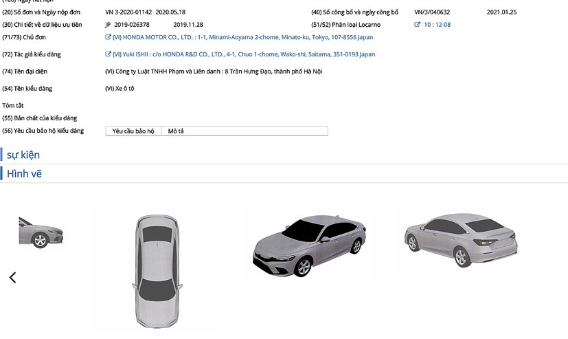 Honda Civic thế hệ mới được đăng ký bảo hộ kiểu dáng công nghiệp tại Việt Nam.
