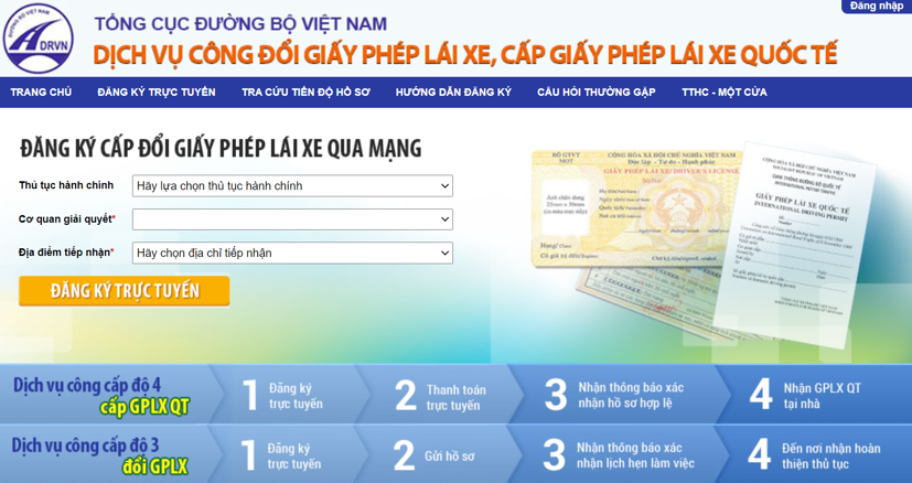 Người dùng có thể truy cập tại đây để đổi giáy phép lái xe trực tuyến.