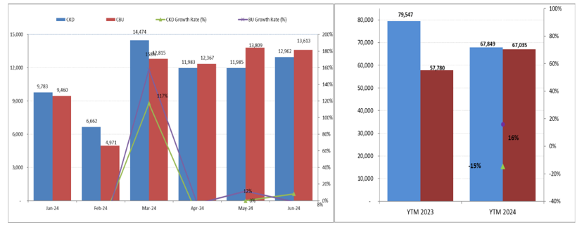 Thống kê doanh số xe nhập khẩu và xe lắp ráp trong nước tháng 6/2024. Nguồn: VAMA.