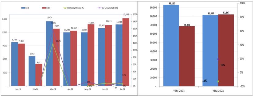 Thống kê doanh số xe lắp ráp và xe nhập khẩu những tháng qua. Nguồn: VAMA.