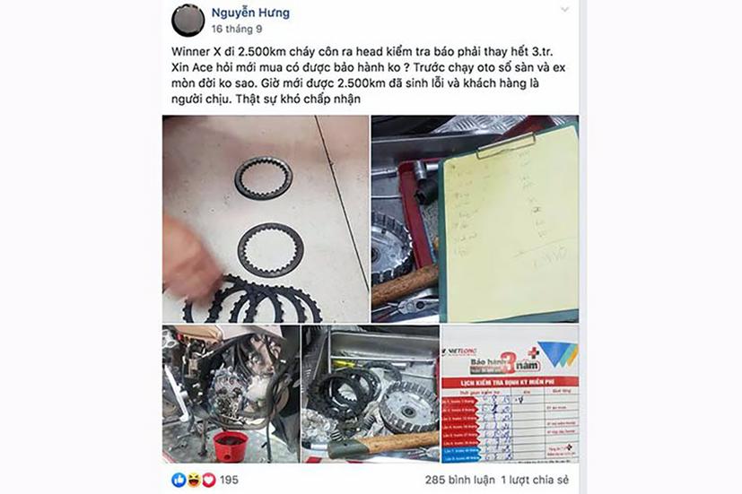 Anh Nguyễn Hưng ở Bắc Ninh cho biết chiếc Honda Winner X của mình mới đi khoảng 2.500 km nhưng đã bị cháy côn. Khi mang ra HEAD, được báo giá chi phi thay thế hết khoảng 3 triệu đồng.