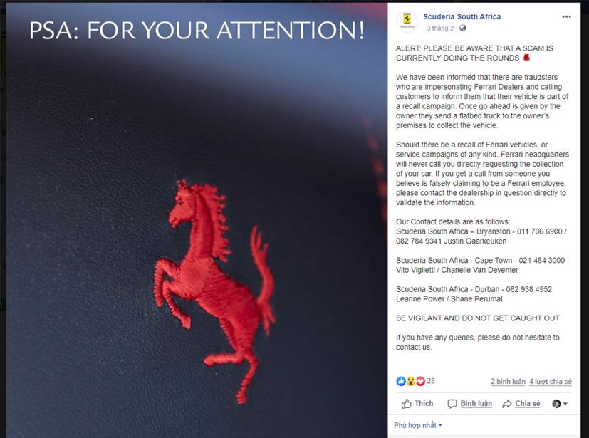 Cảnh báo được đại lý Scuderia South Africa phát đi trên Facebook. Ảnh chụp màn hình.