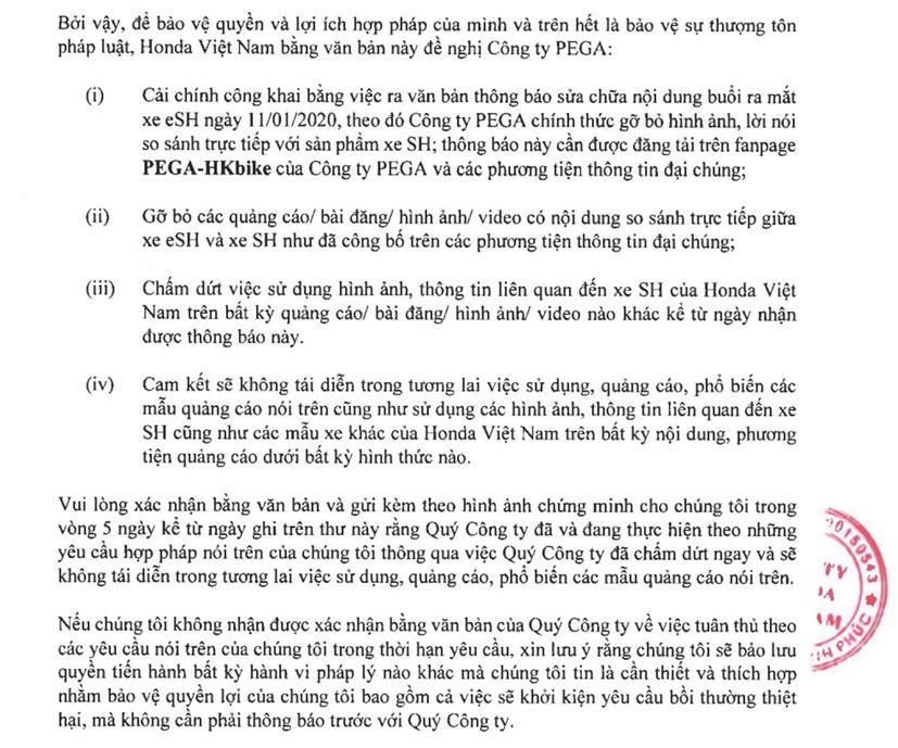 Đại diện Honda Việt Nam lên tiếng cảnh cáo Pega và đề nghị công ty xe điện Việt này phải khắc phục hậu quả.