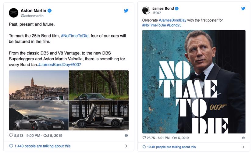 Sẽ có tới 5 chiếc xe Aston Martin lên màn bạc, gồm cả các mẫu cổ điển, đương đại và hiện đại. Ảnh: Tweeter.