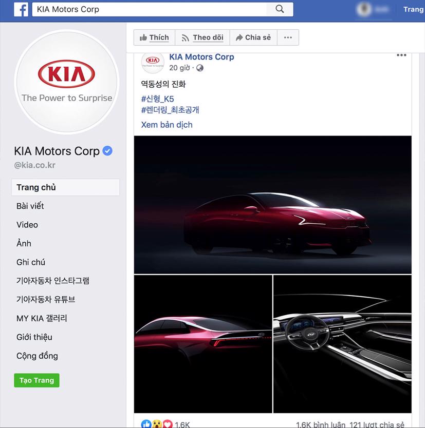 Trang Facebook Kia bất ngờ "nhá hàng" mẫu K5 Optima phiên bản mới. Ảnh chụp màn hình.