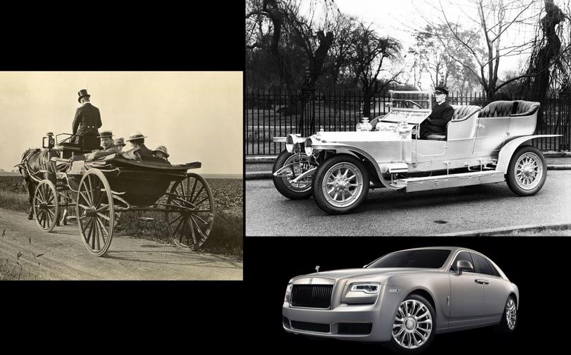 Theo chiều kim đồng hồ từ trái sang: một cỗ xe mở ở Anh thời c1901-1910, chiếc Rolls-Royce “Silver Ghost” 1907 nguyên bản và một chiếc xe từ Bộ sưu tập Ghost Silver 2018.