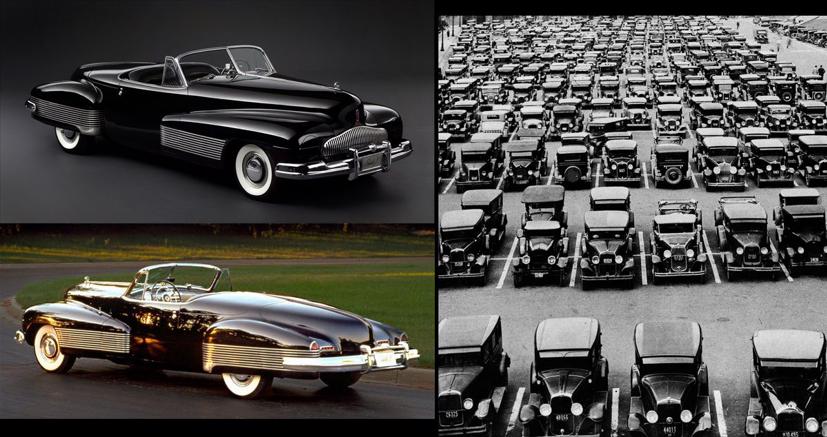 Theo chiều kim đồng hồ từ dưới cùng bên trái: Y Job 1938, phía sau và phía trước, và một bãi đậu xe của Canada vào năm 1934 cho thấy những chiếc xe hình hộp điển hình của thời đại.