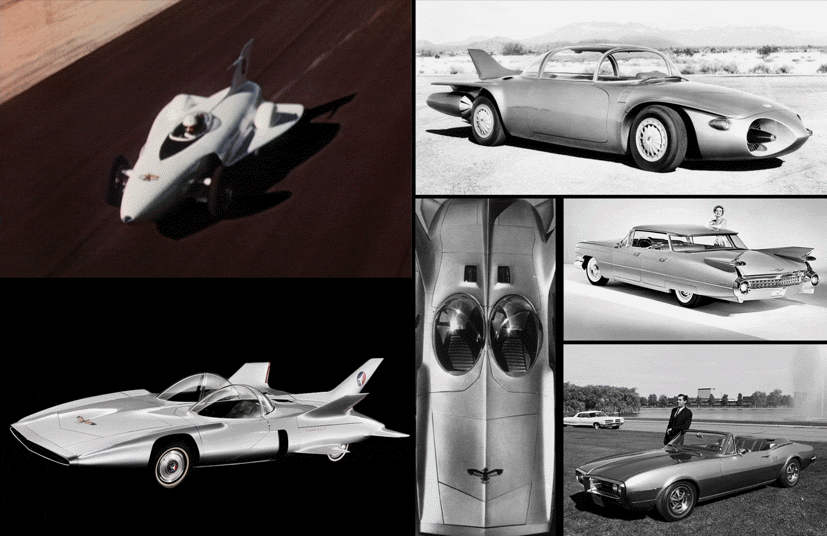 Theo chiều kim đồng hồ từ trên cùng bên trái: Firebird I lái thử trên sa mạc năm 1956, Firebird II, Cadillac Sedan Deville năm 1959, Pontiac Firebird năm 1967 và tầm nhìn trên cao và bên hông của Firebird III.