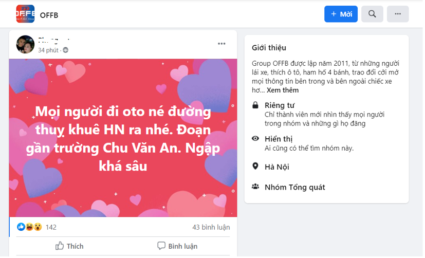 Một cảnh báo được người dùng đưa ra về tình trạng ngập nước tại đường Thụy Khuê, Hà Nội trên diễn đàn OFFB