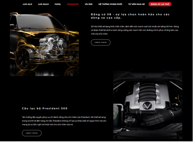 Trong phần giới thiệu về mẫu xe President trên website VinFast, có thêm mục Câu lạc bộ President 500