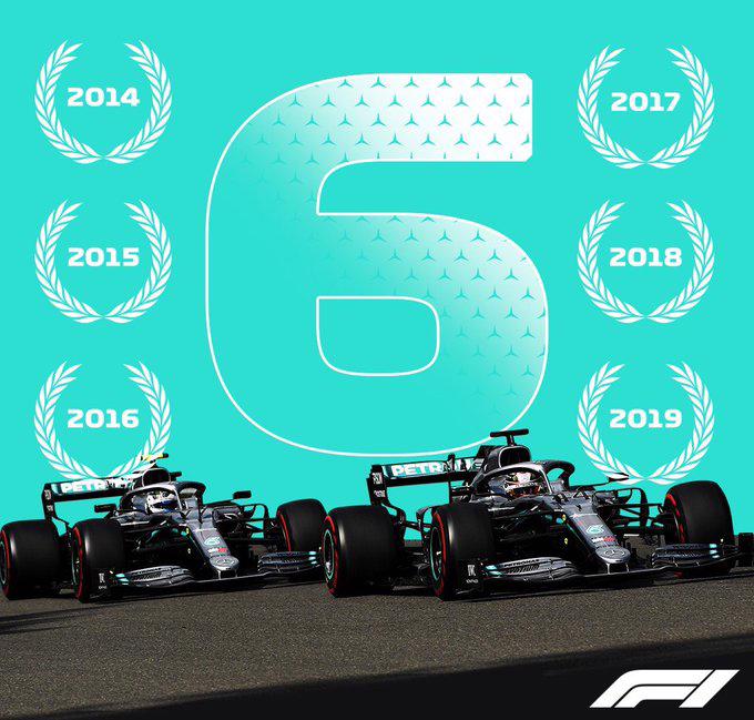 Như vậy, Mercedes 6 lần liên tiếp vô địch F1, từ năm 2014-2019. Nguồn: Twitter Formula 1