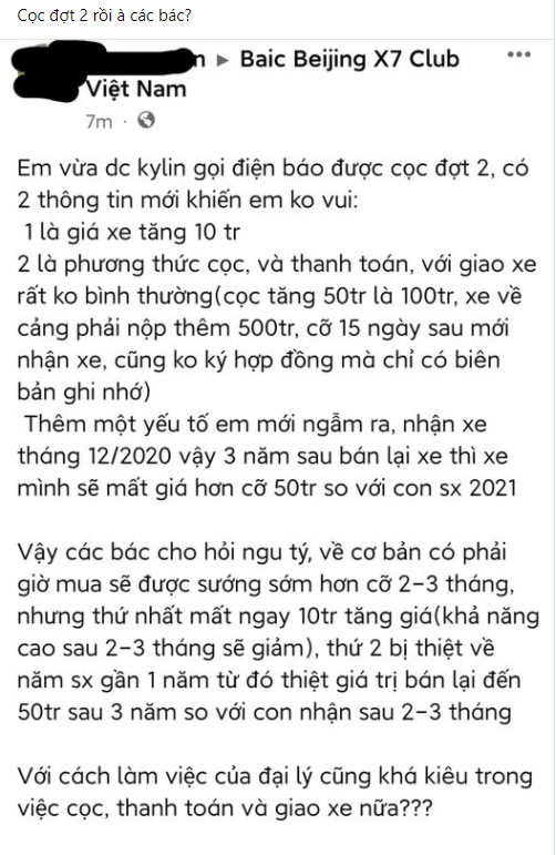Một thành viên băn khoăn với việc Beijing X7 tăng giá và lo ngại xe mất giá sau một thời gian mua về