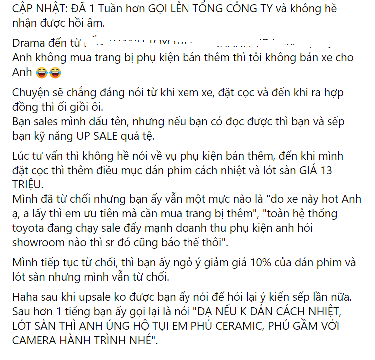 Một thành viên diễn đàn Toyota Corolla Cross phản ánh về việc bị ép mua phụ kiện