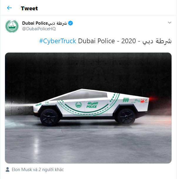 Tài khoản Twitter chính thức của Cảnh sát Dubai đã xác nhận sẽ mua bán tải điện Cybertruck