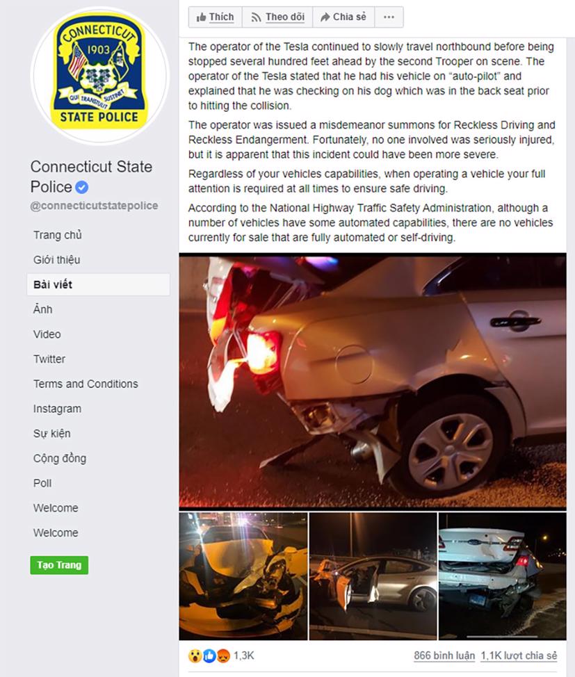 Thông báo về vụ tai nạn được Sở Cảnh sát Connecticut đăng tải trên mạng xã hội. Nguồn: Facebook Connecticut State Police.