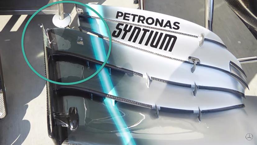 Hư hại cánh gió trước sau va chạm với Leclerc khiến Bottas chỉ về thứ tám ở Hungaroring. Ảnh: Mercedes.